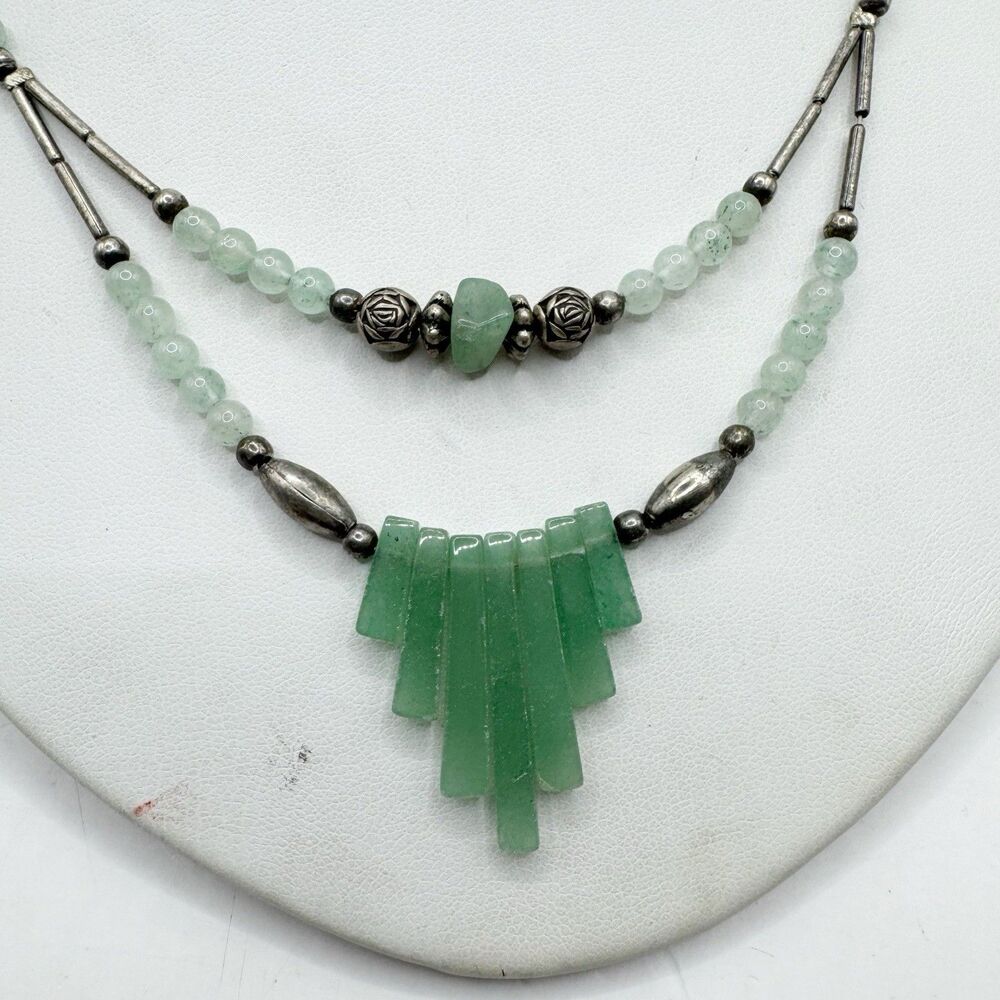 Jade Green Aventurine Quartz Stone Bead Silver 2 tier 16”Necklace Southwest Boho